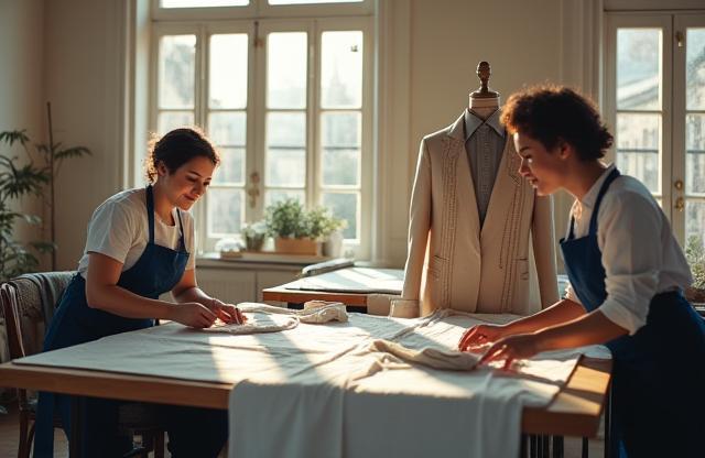 Équipe PresséPro manipulant des vêtements délicats dans un atelier lumineux à Paris.